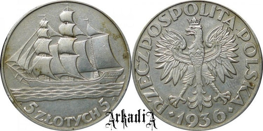 5 złotych 1936 żaglowiec